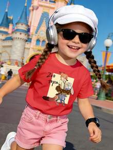 1 Piece Cute Style Kids T-Shirt Disney Zootopia Donut Nick Judy Print Summer Breathable Short Sleeve Top, This Baby Girl Clothing Is Suitable For Dailr, Versatile And Non-Stuffy, Suitable For Spring And Summer, Vacation, Outdoor Activities, Amusement Park Outfits, Gift For Kids. - Đỏ - Xem 2