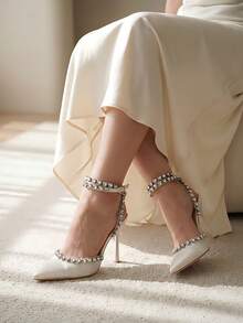 Women's Rhinestone Studded Strap Pumps Ankle Strap Stiletto High Heels Pointed Toe Sandals Dress Shoes For Ladies Bridal Dance - 白色 - 查看 3
