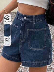 Short Vaquero Mujer Azul Marino Oscuro De Algodón, Cintura Alta Entallada Moldeadora, Gran Bolsillo Frontal Cuadrado Práctico Y Bolsillos Traseros, Diseño De Costuras Reforzadas, Tejido Denim Ligero Transpirable Y Cómodo, Corte Holgado Recto Ancho, Estilo Casual Urbano Ideal Para Uso Diario, Primavera Y Verano - Lavado ligero - Ver 8