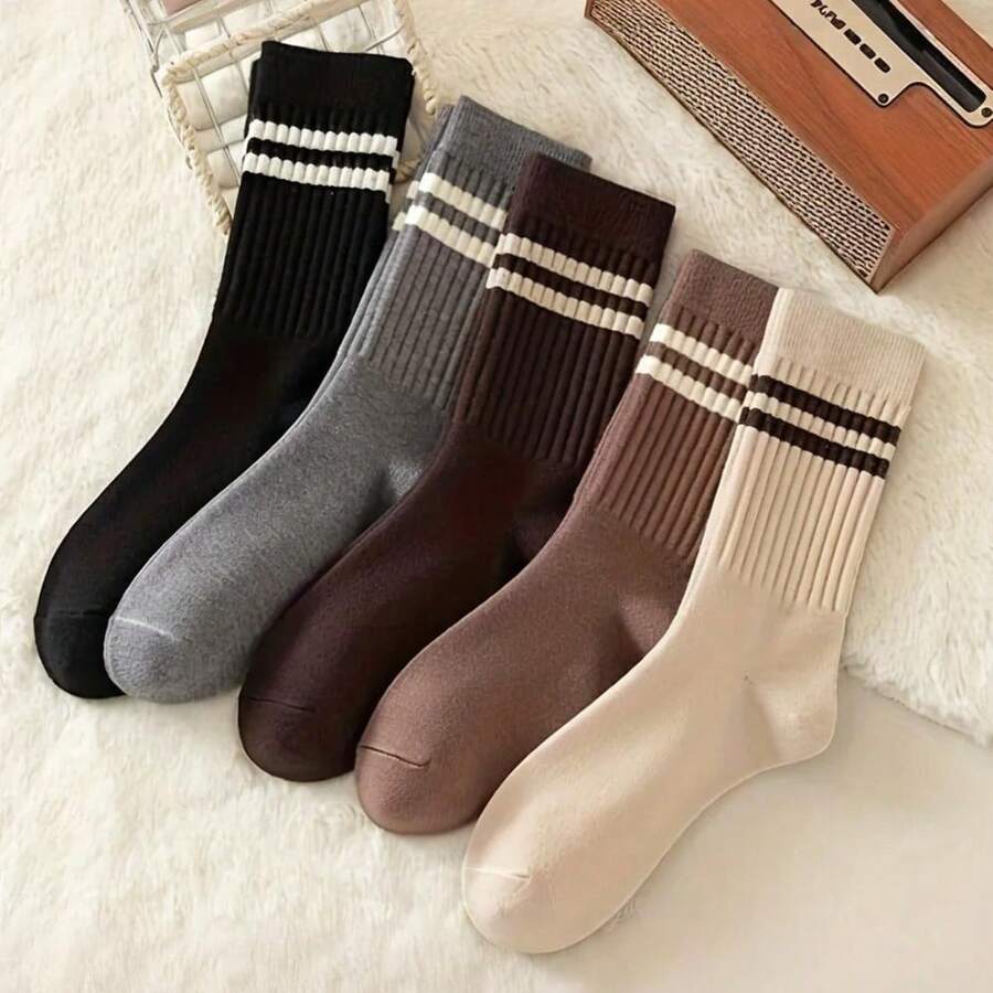 1/5 Pairs Brown Double Stripe Mid-Calf Socks, Comfortable Casual Versatile Women's Men's Socks, Suitable For All Seasons - Multicolor - View 1