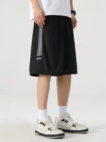 Pantalones cortos deportivos de secado rápido talla grande, pantalones cortos tipo bermuda rectos de estilo casual con bloques de color, adecuados para el verano - Negro - Ver 7