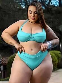 Plus Size Half Cup Bikini Set With High Waist And Adjustable Ties - Ana Ruga Women's - Mint Green - View 1