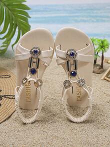 女童水钻凉鞋，新款夏季儿童公主软底时尚沙滩鞋 - 米色 - 查看 5