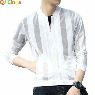 2026 New Mesh Stripe Sun Protection Clothing  Summer Men's Skin Clothing Solid Color Wild Jacket Asian Size M-3XL 4XL  5XL