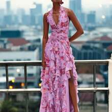 Women's Boho Chiffon Halter Floral Print Sleeveless A-Line Long Dress With Belted Details, Flared Hem Summer Formal Gown - 粉色 - 查看 2