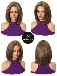 Wig Bobo Berlapis Belahan Tengah 10 Inci, Cocok untuk Pemakaian Sehari-hari di Musim Panas, Pesta, Cosplay, Festival Musik, Liburan, Hadiah Praktis untuk Anak Perempuan - Sorot Coklat - View 7