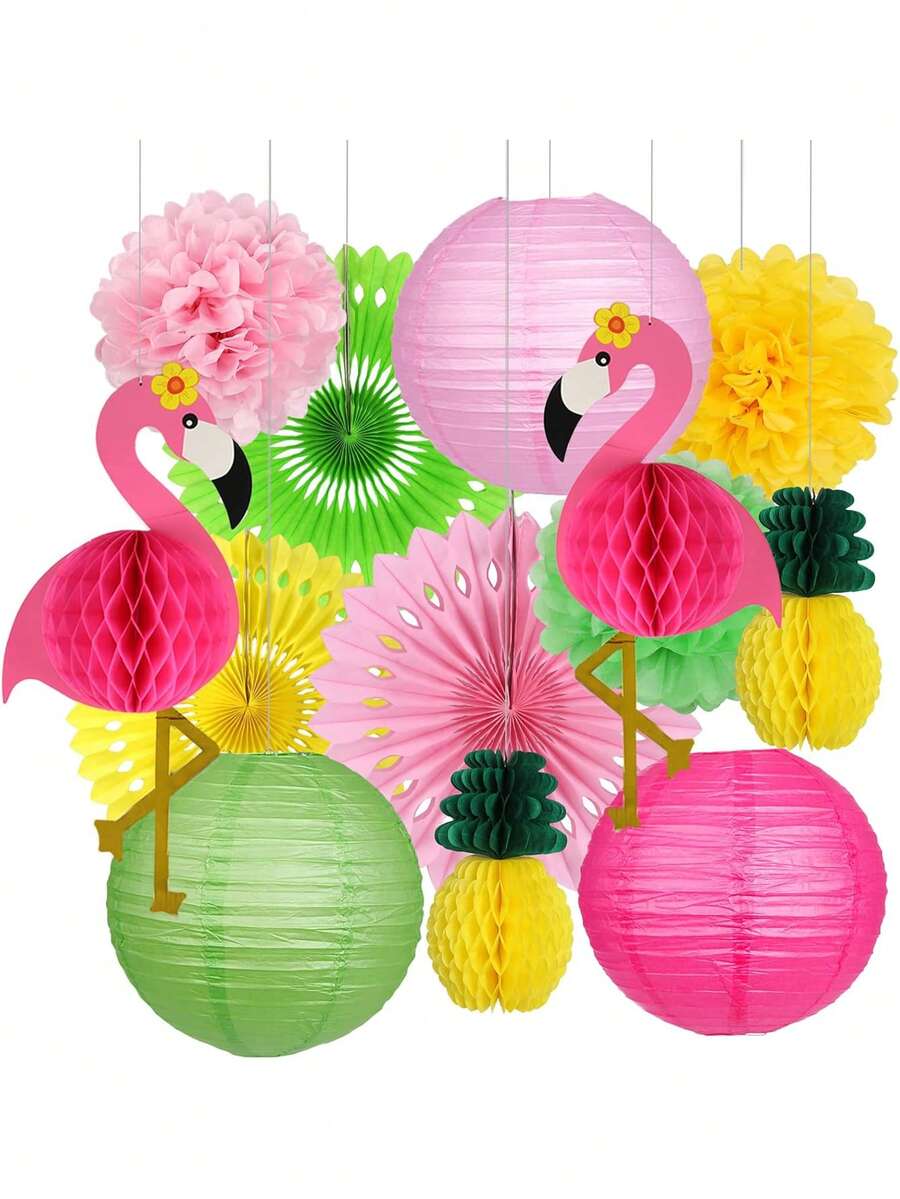 13件套火烈鸟主题派对用品，夏威夷风情派对装饰，包括火烈鸟和菠萝造型的蜂窝纸灯笼、纸扇、花球，适合生日派对、夏威夷主题派对、热带派对、女孩派对。
