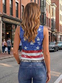 Women's American Flag Print V-Neck Tank Top, Vintage Distressed Star & Stripe Sleeveless Camisole, July 4th Independence Day Patriotic Casual Summer Top - Multicolor - View 3