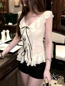 Chic Elegant Sheer Chiffon Top, V-Neck Frill Trim Polka Dot Top For Women, Summer Vacation - Apricot - View 3