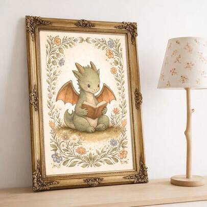1pc Framed/Unframed Floral Dragon Reading Bookish Folk Art Nursery Canvas Poster Book Club Whimsical Forest Wall Art Print Library Reading Nook Decor Scroll Painting For Playroom,Kids Room,Bedroom,Modern Home Decoration