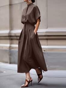 Women's Elegant Commuter Short Sleeve Shirt + A-Line Skirt 2-Piece Set, Solid Color, Elegant Front Button Pocket, Suitable For Office, Daily Wear, Date, Airport, Summer Spring - Brown - View 6