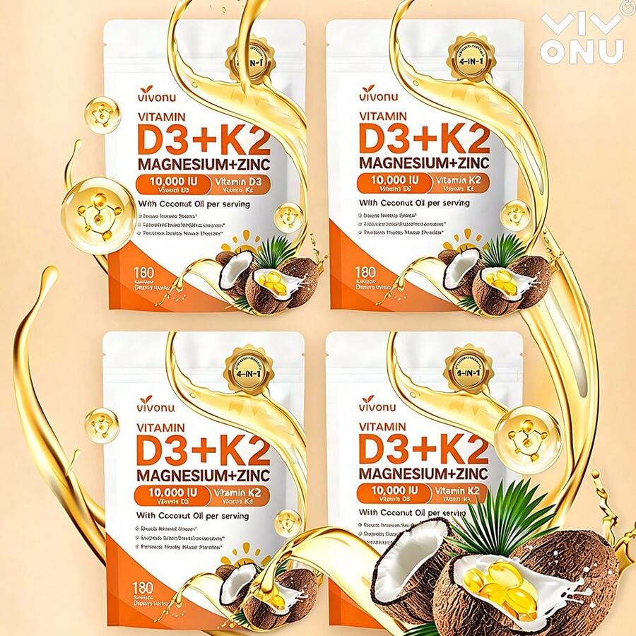 VivoNu Vitamin D3 K2 10,000 Magnesium Supplement – 4-In-1 With Vitamin D And K -7), Magnesium Glycinate & Zinc Citrate – 180 Softgels For Energy, Bone* & Muscle* Support* - 4bag - 查看 1