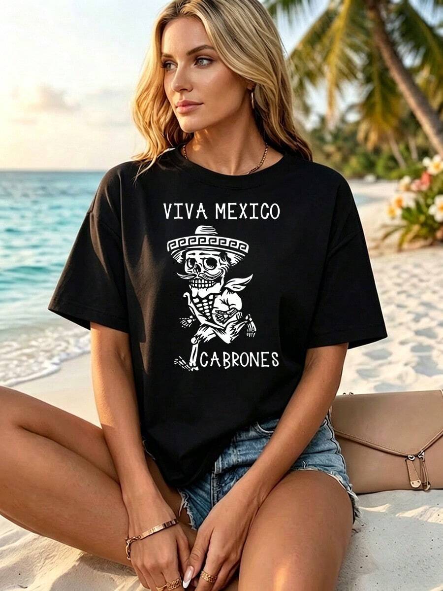 Viva Mexico Skeleton In Sombrero Graphic Print Loose Crew Neck T Shirt, Non Fading Casual Tee, Ideal For Daily Wear, Sports And Leisure Activities, Perfect Gift For Father's Day And Mother's Day - màu đen - Xem 1