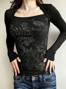 Women's Asymmetric Sheer Print Long Sleeve Top Spring Black - Black - View 3