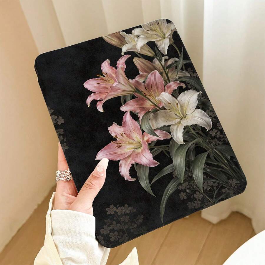 白色百合與粉色百合圖案彩繪效果平板保護殼,內置筆槽,附支架,適用於 Honor 8/9/10/X8/X8A/X9/X8Pro/X9Pro 及其他機型/ MatePad Se 11 吋/MatePad 11 吋/11.5 吋,MatePad Pro/,Apple 10 代/11 代 2025 (A16),Galaxy Tab A7/A9 及其他熱門機型 - 彩色 - 查看 1