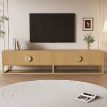 180cm TV Unit With Grained Wood Finish – Modern Dining Room Unit, 4 Doors, Semi-Circular Handle - Khaki - View 7