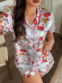 Dreamivo Women's Fried Chicken Print Shirt And Shorts Pajama Set, Casual Comfortable Short Sleeve Lapel Top And Shorts, Suitable For All Seasons - Multicolor - View 5