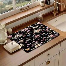1pc Dark Butterfly Pattern Multipurpose Absorbent Mat, Polyester Waterproof Countertop Protector Pad, Suitable For Kitchen, Dining Table Decor, Dish Drying, Washing Machine, Coffee Maker, Bathroom Vanity, Kitchen Accessories, Party Supplies - Dark Night Butterfly Flower - View 14