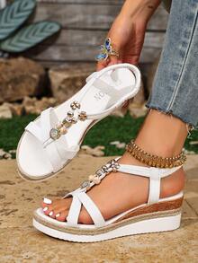Women's Wedge Fashionable Plus Size Criss-Cross Beaded Solid Color Bohemian Style Beach Casual Vacation Rhinestone Sandals, Holiday Essential - White - View 2