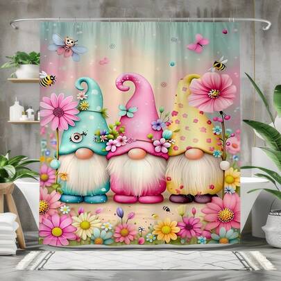 One 2D Flat Shower Curtain With Colorful And Whimsical Floral Patterns, Featuring Butterflies And Bees, In A Lively Cartoon Style. Suitable For Bathroom Decoration, It Is A Home Accessory That Adds Fun, Vitality And Liveliness To The Interior Decoration.