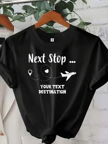 Women's Black Next Stop Airplane Map Pin Heart Custom Text Graphic T‑Shirt - Loose Fit Short Sleeve Round Neck Top, Breathable Travel Vacation & Everyday Tee, Machine Washable Casual Wear For Trip Style & Daily Outfits - Ladies Oversized Tees With Wanderlust Destination Print - Black - View 1