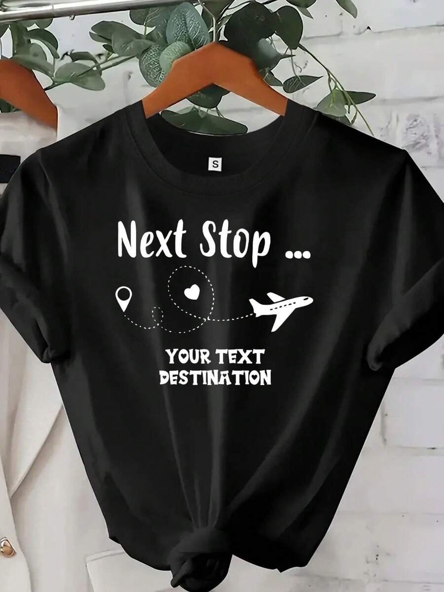 Women's Black Next Stop Airplane Map Pin Heart Custom Text Graphic T‑Shirt - Loose Fit Short Sleeve Round Neck Top, Breathable Travel Vacation & Everyday Tee, Machine Washable Casual Wear For Trip Style & Daily Outfits - Ladies Oversized Tees With Wanderlust Destination Print - Black - View 1