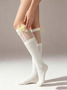 1 đôi tất dài đến đầu gối bằng vải lưới mỏng màu kem dành cho nữ, có nơ organza màu vàng, thoáng khí, kiểu Lolita JK ngọt ngào, lý tưởng cho trang phục hàng ngày và cosplay. - Nhiều màu - Xem 4