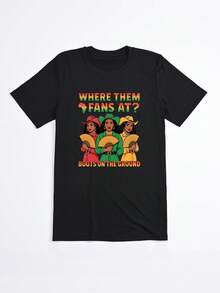 Camiseta negra con estampado de tres mujeres con sombreros y texto Where Them Fans At Boots On The Ground para uso casual - Negro - Ver 2