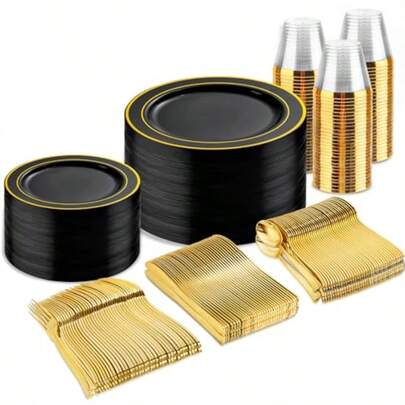 300PCS Black And Gold Disposable Dinnerware Set - 50 Guests Black Plastic Plates With Gold Rim Include 50 Dinner/ 50 Dert Plates 50 Forks 50 Knives 50 Spoons50 Cups For PartyGraduation