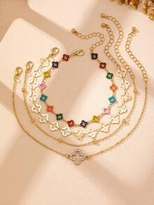4pcs Minimalist Vintage Elegant Hollow Rhinestone Inlaid Four-Leaf Clover Anklet, Suitable For Beach, Party, Banquet And Daily Wear - Multicolor - View 6