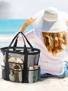 Grande borsa da spiaggia in rete con tasche multiple, progettata per donne e famiglie, anti-sabbia, ad asciugatura rapida, con manico, accessorio essenziale per la spiaggia e attrezzatura da viaggio all'aperto per l'estate, soluzione di stoccaggio multifunzionale durevole per vacanze al mare e feste in piscina - Beige - Visualizzare 18
