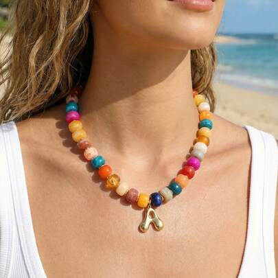 Initial Chunky Necklaces For Women, Colorful Resin Beaded Necklace Minimalist Modern Statement Necklace A-Z Initial Letter Necklaces Jewelry