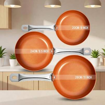 LAISONWARE 3pcs Copper Ceramic Non-Stick Cookware Set - Heavy Duty Aluminum Base With Stainless Steel Handle | Suitable For All Stovetops | 20/24/28cm Multi-Size For Steak, Pancake And Spring Cooking