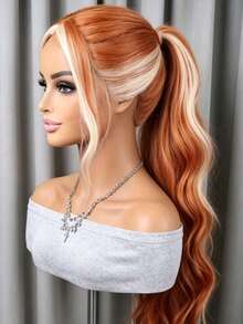 Highlight Ginger Orange Body Wave Synthetic Lace Front Wigs Natural Looking 13x4 HD Transparent Ombre Ginger Orange Lace Front Wigs Free Parting Water Wave Synthetic Wigs For Women Glueless Wigs Heat Resistant - 高光薑橙 - 查看 5