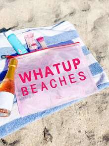 防水时尚网眼沙滩包，印有“WHATUP BEACHES”字样的化妆包，沙滩主题。大容量透明化妆包，尼龙拉链化妆包，轻便，可存放防晒霜、零食、比基尼和沙滩必备用品。 - 查看 6