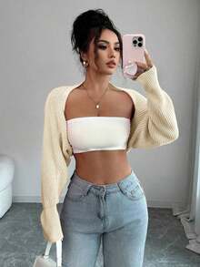Bolero de punto para mujer, color blanco, manga larga holgada, ideal para combinar con tops y vestidos en primavera y verano - Beis 2 - Ver 7