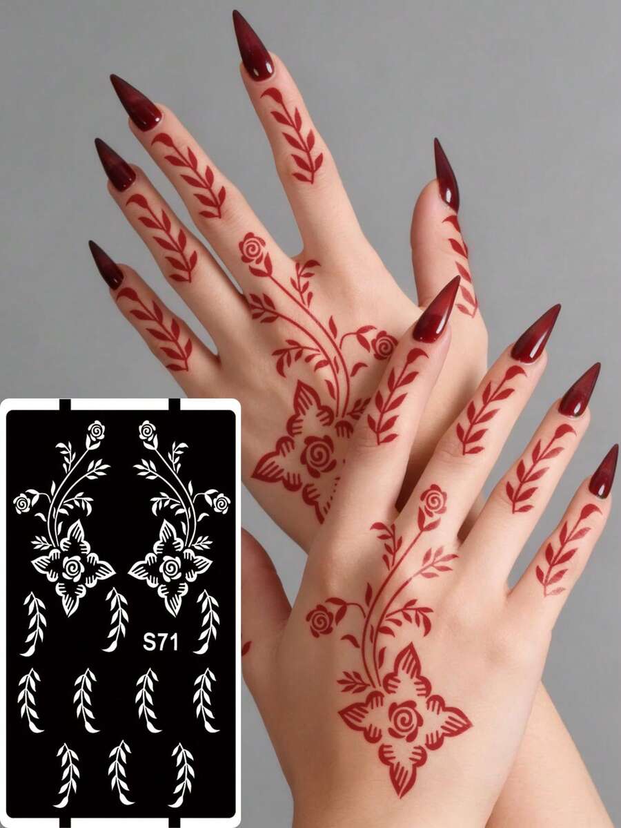 Hana Hand-Drawn Hollow Floral Tattoo Stencil - Sexy Floral Pattern, Suitable For Hands, DIY Painting, Ink, Reusable Mandala Design Template Stickers, Suitable For Women Body Party Makeup - Black - View 1