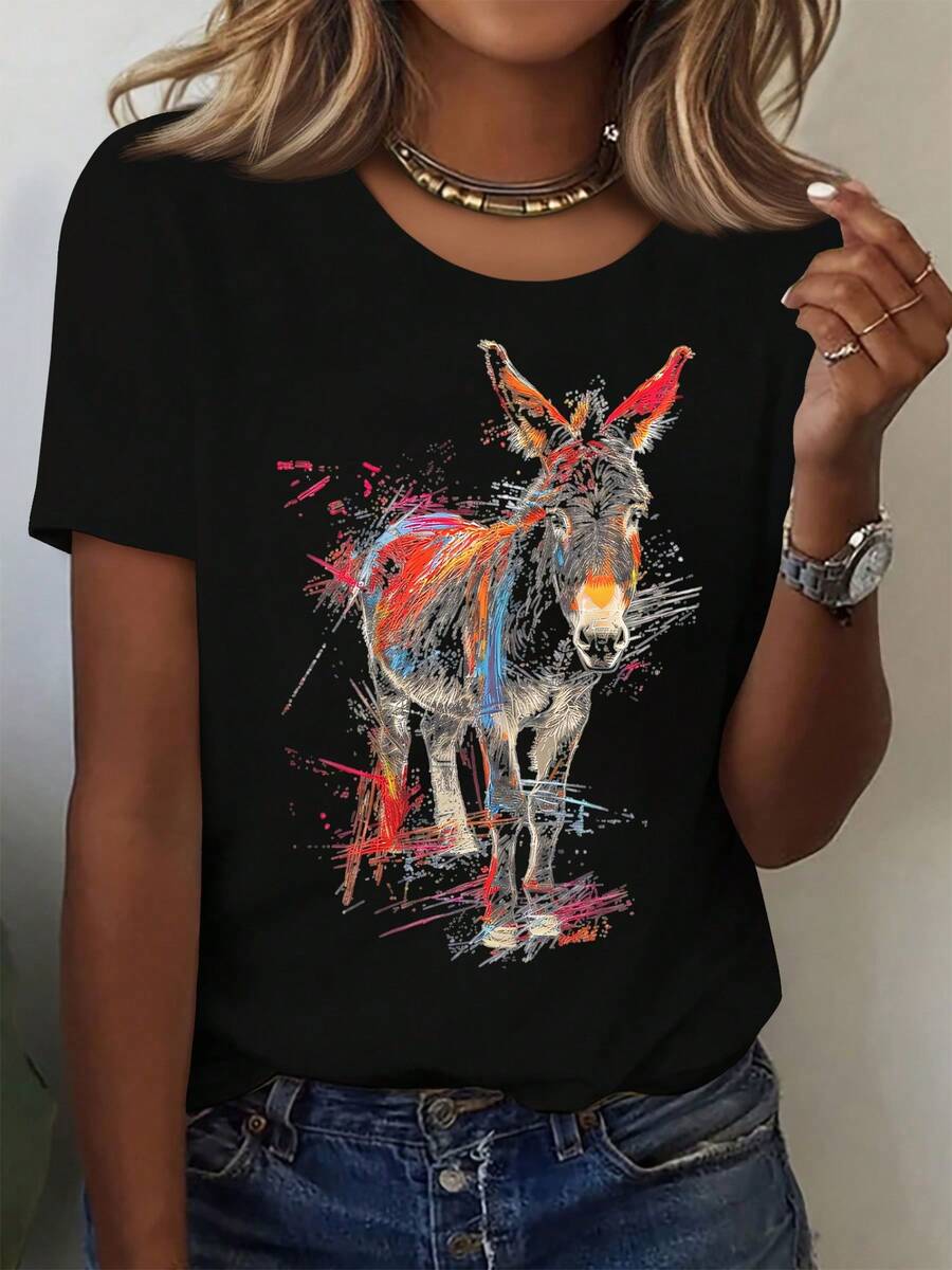 100% Lightweight Donkey Print T-Shirt - Black With Multi-Color Splash And White Donkey Graphic, Casual Summer Short Sleeve Crew Neck Tee, Soft And Stretchy Fabric For Casual Wear, Beach Outfit, Party - Ideal Gift Idea-X