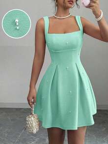 Vestido casual de mujer con parches de unicolor, tirantes anchos y cuentas - Verde - Ver 1