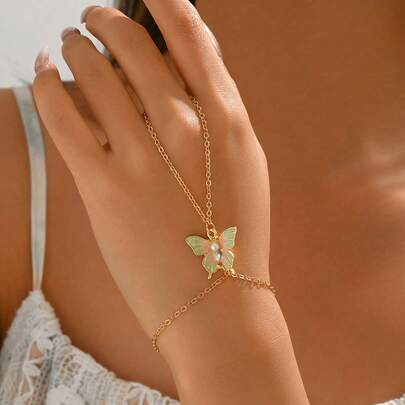 1pc Elegant Versatile Colorful Drip Glaze Butterfly Decor Linked Finger Chain, Unique Design Gold Color Hand Jewelry, Suitable For Daily Wear And Party Occasions