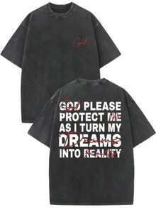 1 God's Blessing Printed Cotton T-Shirt - Retro Water Washed Black Unisex Casual Summer T-Shirt With Inspirational Quotes On Top Round Neck Machine Washable 250g Suitable For Easter, Halloween, Tsummer Outfits For Womensummer Clothes Men - 黑色 - 查看 7