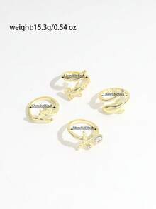 4pcs Fashionable Versatile Rhinestone Starfish Rings, Zinc Alloy Animal Ring Set For Women - Gold - View 6