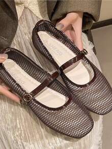Women's Mesh Ballet Flats, Square-Toe Perforated Flats,Breathable Casual Square Toe Sandals, Fashion Comfort Soft Bottom Flat Shoes - 咖啡棕 - 查看 7