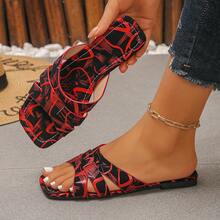 Summer New Colorful Printed Square Toe Sandals Women, Hollow Criss-Cross Strap Flat Slippers, Casual Vacation Beach Flip Flops - Black and Red - View 12