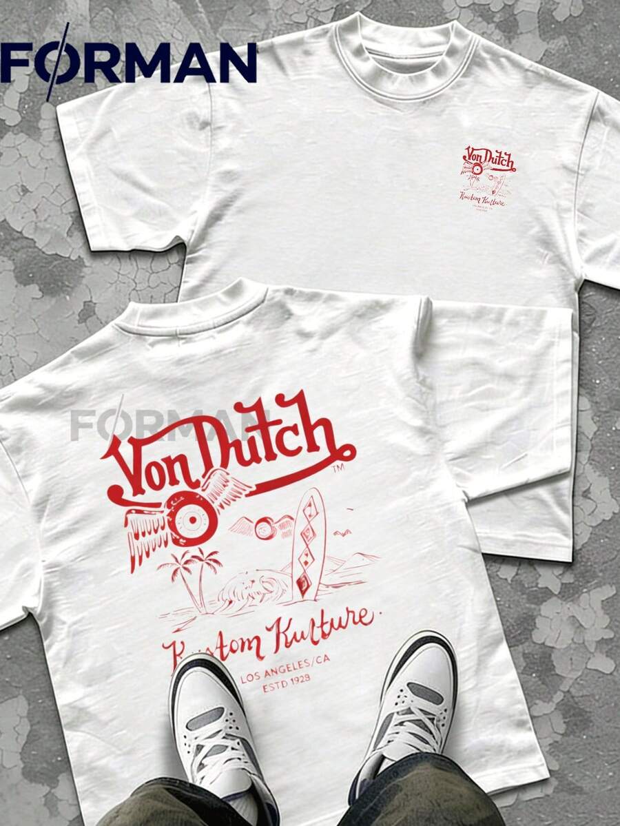 V-On-Dutch Motorcycles Speed Shop Built For Speed Men's Summer Cotton Graphic Tee Double Sided Printed Casual Short Sleeved Shirt Ideal Father's Day Gift Men's Clothes Streetwear Style Outfits - 白色 - 查看 1