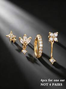Juego de 4 piezas de pendientes de aro pequeños con estrella, luna y flor de circonita para uso diario de las mujeres - Conjunto de pendientes - Ver 4