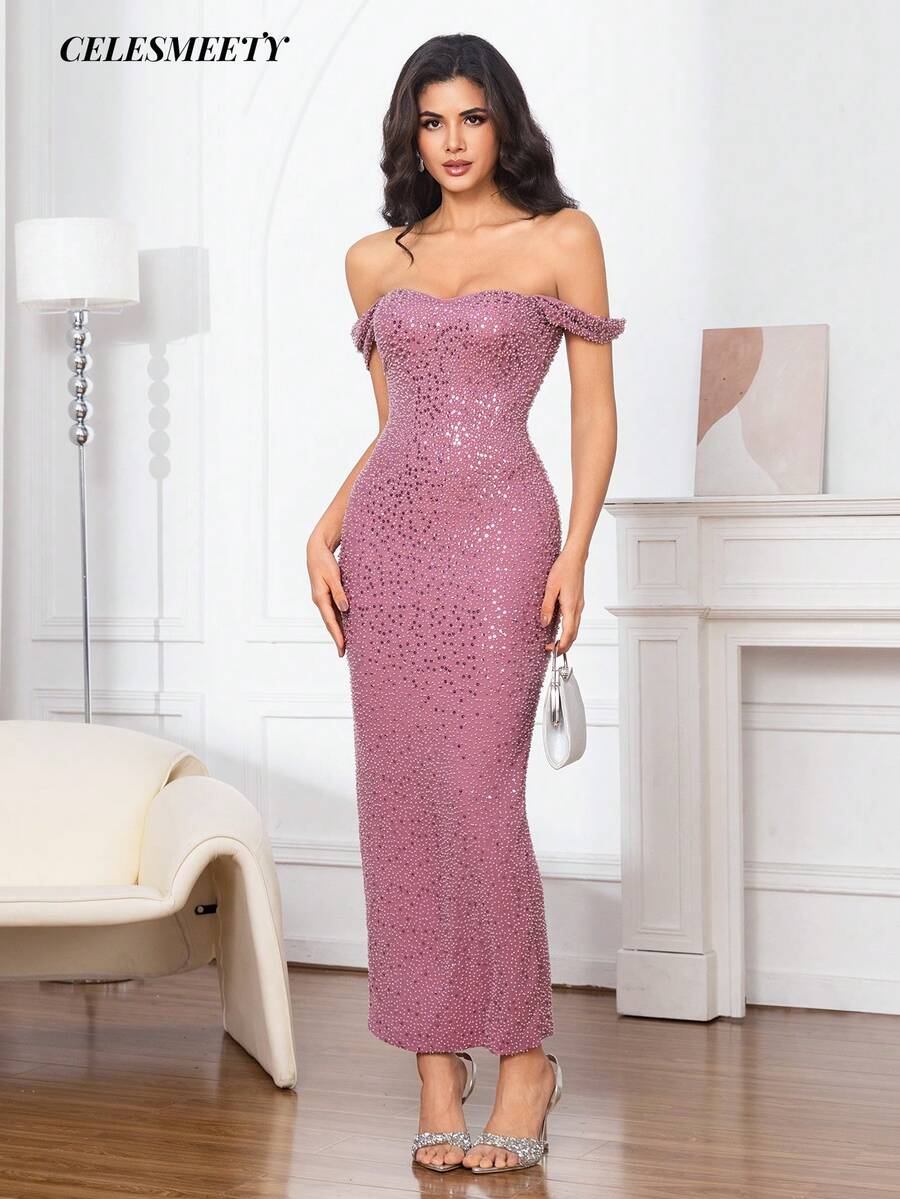 Vestido de noche ajustado brillante con hombros descubiertos, sin mangas, con lentejuelas y cuentas en color gris, rosa y morado, adecuado para fiestas, bodas, vacaciones, reuniones y otras ocasiones - Rosa Oxidada - Ver 1