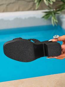 Giày sandal đế xuồng đính ngọc trai thắt nơ cho nữ, giày đế xuồng chống thấm nước, giày đi biển thường ngày, phù hợp để phối với trang phục mùa hè. - màu đen - Xem 8