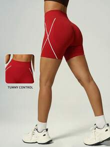 UONNOU Women's Contrast White Cross Line High Waist Biker Shorts, Tummy Control Hip Lifting Ruched Back Seamless Ribbed Stretch Workout Yoga Shorts - Red - View 4