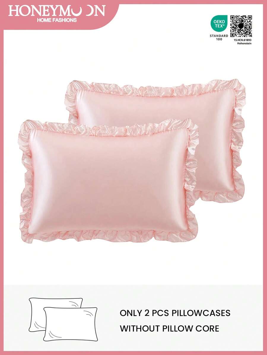 2pcs Luxury Satin Envelope Pillowcase Set With Lace Trim, Soft & Breathable, Wrinkle-Resistant, Protects Hair & Skin, Improves Sleep Quality, Pillow Insert Not Included. Suitable For Home Bedding, Dorm, Oeko-Tex Certified. - Baby Pink - View 1